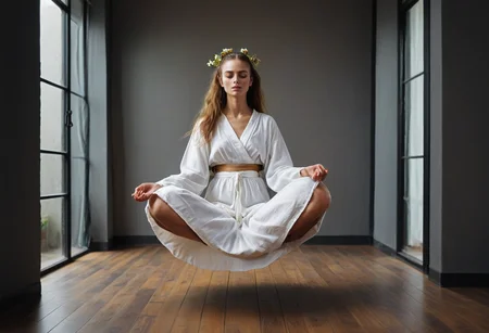 traditional media, hippie, boho, new age, natural, slender, 1girl,  busty, cross-legged lotus position,  levitate, lotus pose, magic, penthouse apartment ,  wooden floor, windows, loose white cotton kaftan, matte fabric texture,  black eyesockets, facepaint, ponytail, armlet, closed mouth,  barefoot,dark, night, oil painting, artwork  by egon schiele and ridley scott  and Jan Vermeer, sidelight, perfect face
 <lora:Witch_SDXL_r1:0.5> w1+ch, <lora:Dramatic Lighting Slider:0.9> <lora:Breast Size Slider:1.5>
 <lora:levitate-PNY-SDXL-SD15-Panache:1.1>
