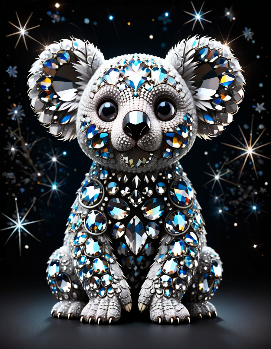 made out of ral-swarcrystl, Sketchup, shot from behind of a Happy Grotesque (Koala:1.3) , stylized, plain background, street, Stars in the sky, Dark, CAD, professional design, Sketchup, gothic, <lora:ral-swarcrystl-sdxl:0.75>, intense, deep rich colors, confident, fine artistic composition, contemporary, great light, magical atmosphere