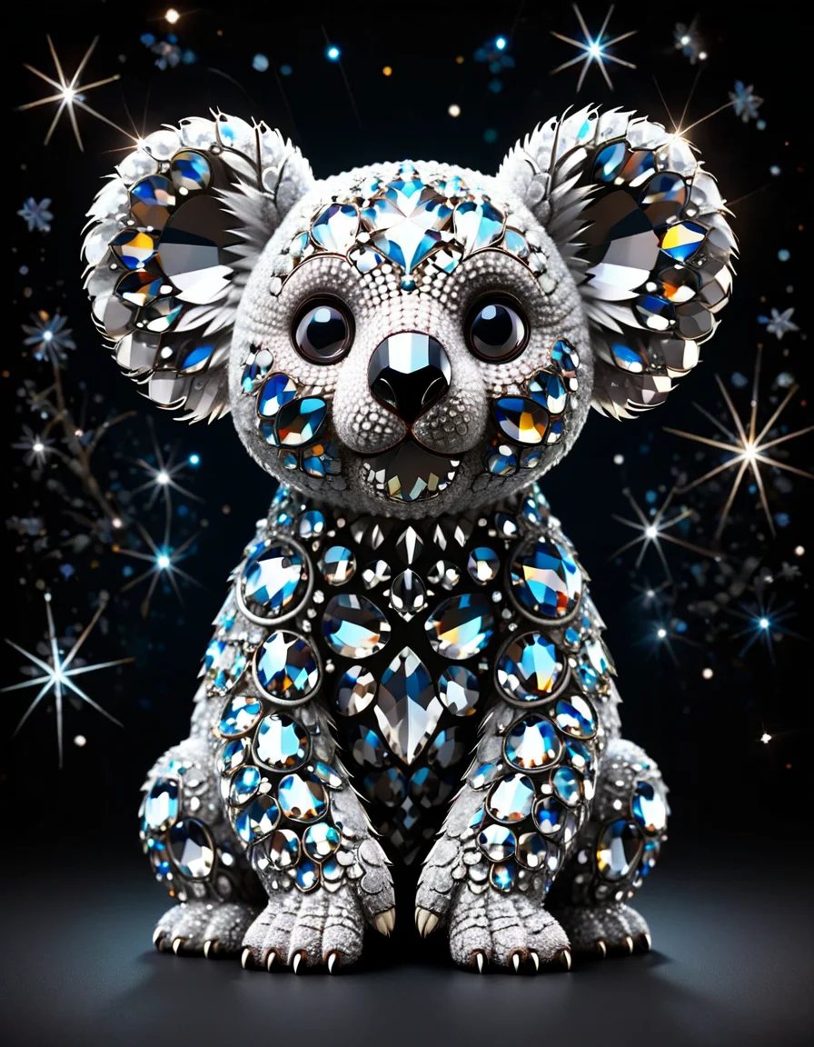 made out of ral-swarcrystl, Sketchup, shot from behind of a Happy Grotesque (Koala:1.3) , stylized, plain background, street, Stars in the sky, Dark, CAD, professional design, Sketchup, gothic, <lora:ral-swarcrystl-sdxl:0.75>, intense, deep rich colors, confident, fine artistic composition, contemporary, great light, magical atmosphere