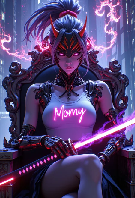 A cinematic shot of a beautiful female cyborg shogun samurai, wearing white tank top with pink text "Momy", samurai helmet, samurai shoulders, robotic arms, robotic legs, red samurai, beautiful, sexy, alluring, fit, holding a purple glowing katana in his lap, purple fire around the katana blade, cyberpunk era, Sitting on a throne on the top most floor of the tallest skyscraper. Glass floor, glass window. Entire futuristic cyberpunk skyline must be visible. Neon colours and lighting everywhere. Every element of the photo must be cyberpunk related. Impactful atmosphere in 8k resolution with intricate skin texturing, Ultrarealistic, absurdres, colorful, wallpaper, best quality, amazing details