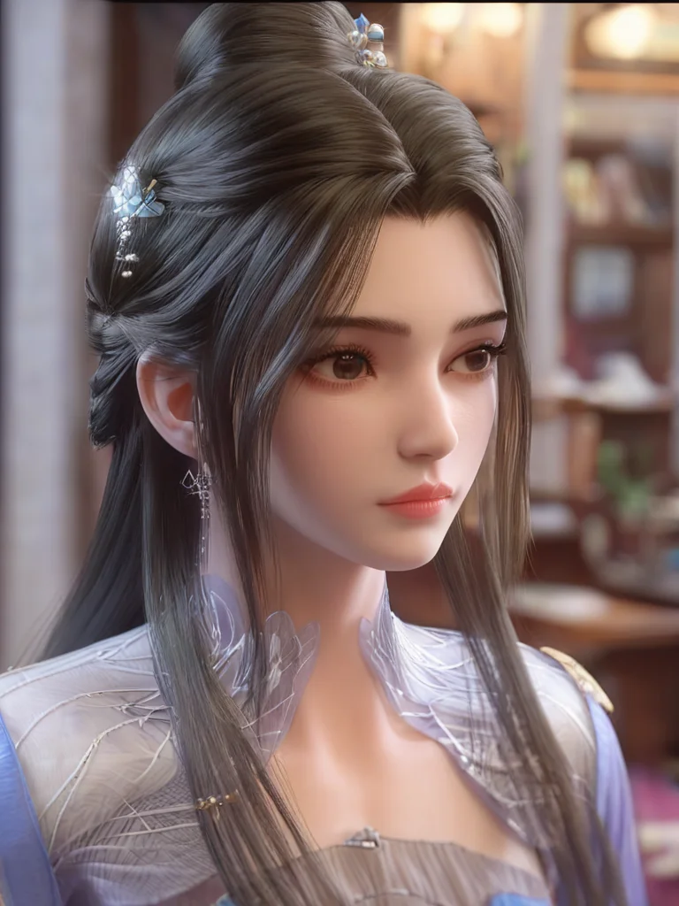 1girl, earrings, jewelry, solo, black hair, hair ornament, hair bun, long hair, looking at viewer, single hair bun, blurry background, expressionless, dress, closed mouth, blurry, upper body <lora:limuwan-000008:0.8>, close up, dramatic lighting