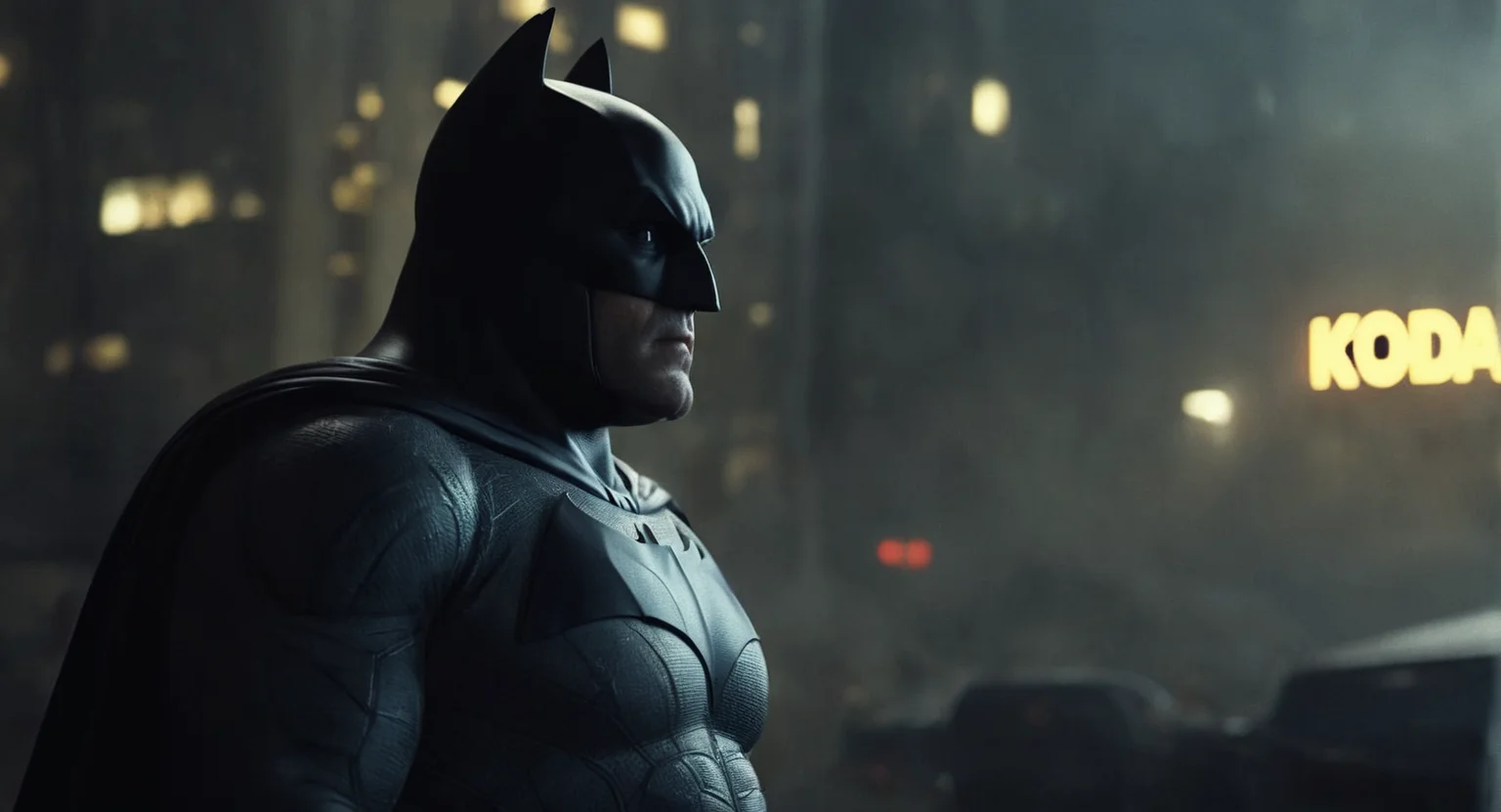 concept art of Cinematic Film stock footage in (arri alexa style) Kodak film print, <lora:batman:1> batman a man in a batman mask looks down, digital artwork, illustrative, painterly, matte painting, highly detailed