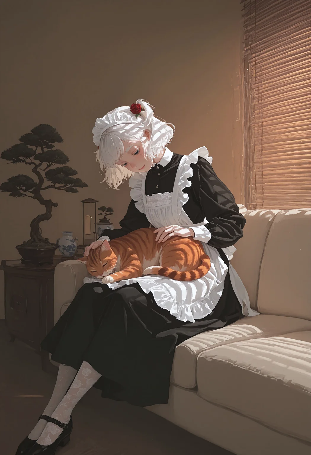 masterpiece, best quality, very aesthetic, highly detailed, absurdres, 1girl, solo, maid, maid apron, black dress, short skirt, long sleeves, black mary jane shoes, white lace pantyhose and maid headdress, white embroidery, pale skin, rose hair ornament, white hair, white eyelashes, white eyebrows, black eyes, glossy lips, short hair, two side up, head tilt, smile, lidded eyes, petting cat, orange tabby cat in lap, sitting on sofa, looking down, from side, 
indoors, bonsai tree, end tables, relaxing, warm tone, ((sunlight through venetian blinds, venetian lighting)), porcelain collection, fancy paintings, dawn, morning, sunrise, ambient light, soft light, comiks,fgg, no lineart, flat color