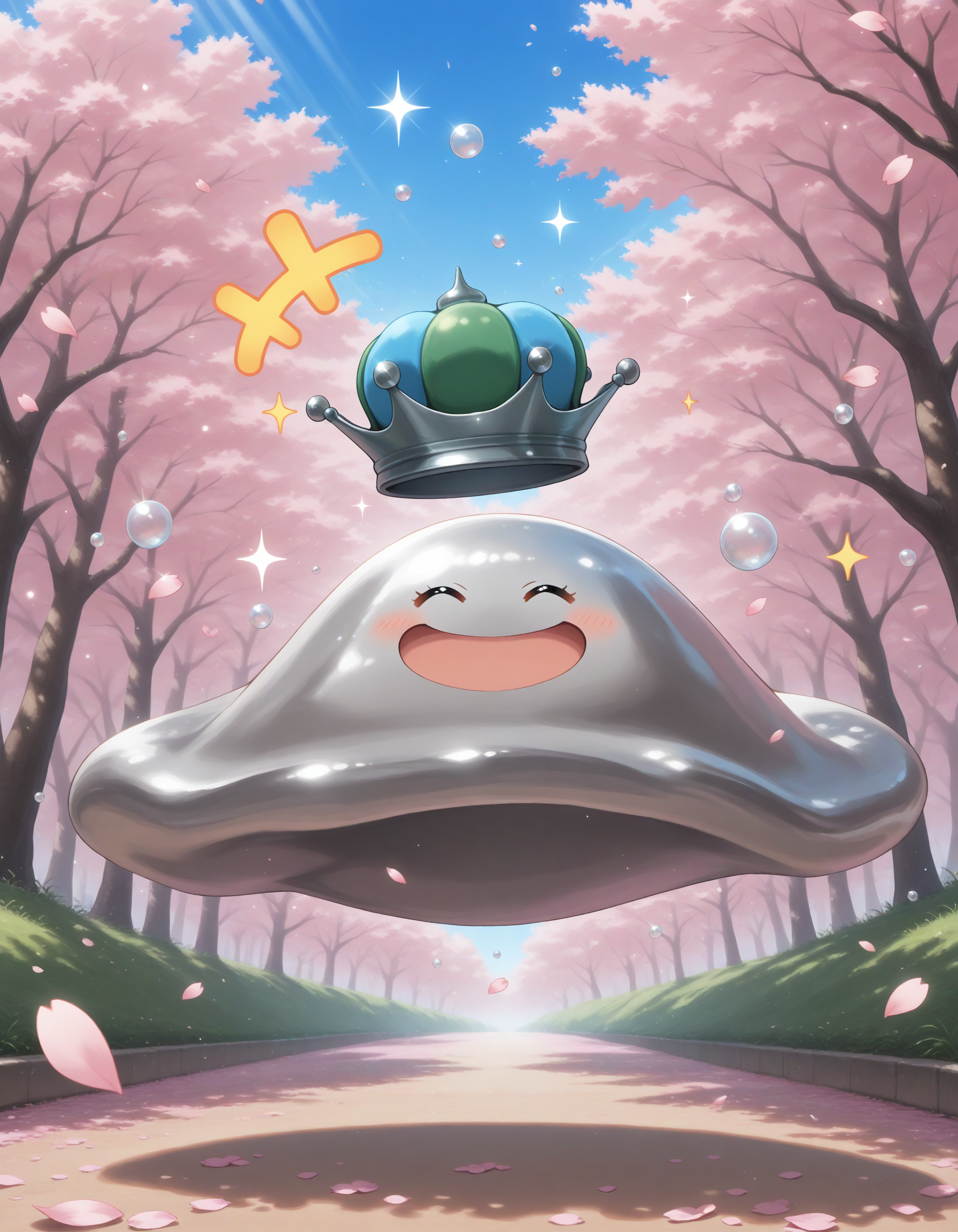 masterpiece,extreme detailed BREAK 1other,no humans,no_legs,day,outdoors,cherry blossoms,cherry tree,
BREAK hagureking,crown,:D,slime \(creature\),sparkle,bubble,<lora:hagurin-NAI:1>,happy,smile,^ ^,+++,floating,pink petals,close-up,