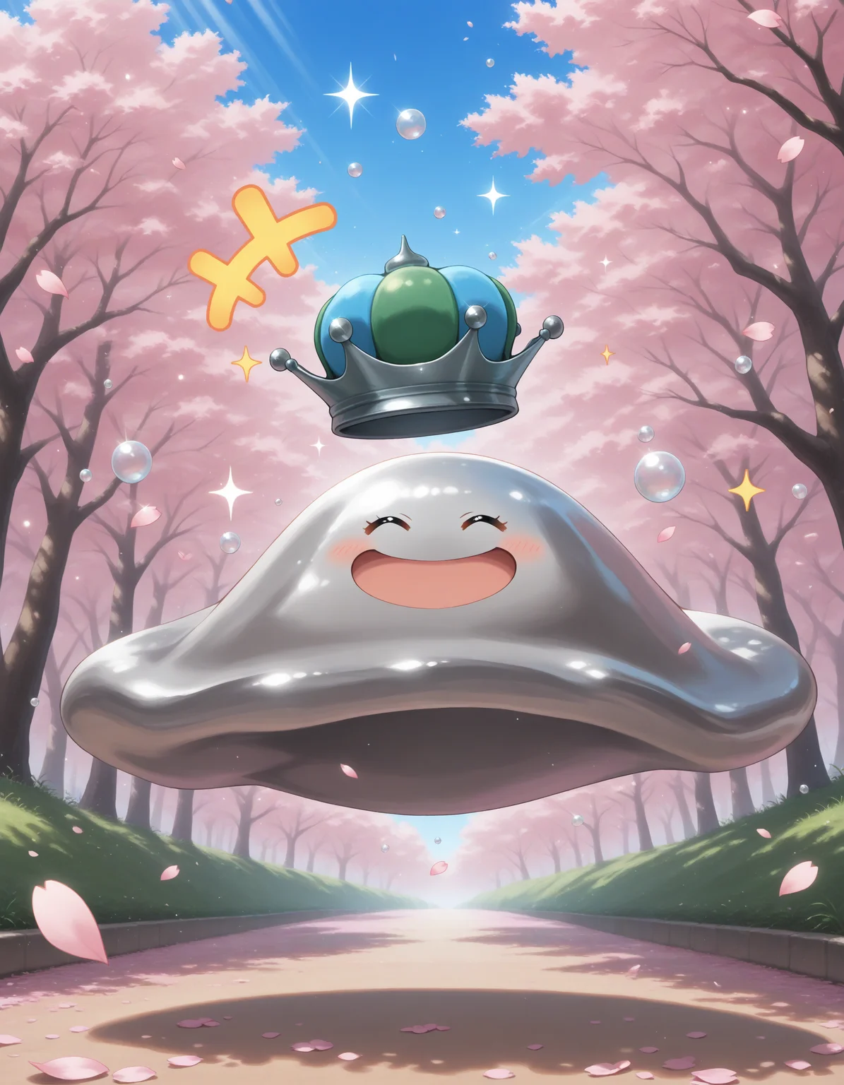 masterpiece,extreme detailed BREAK 1other,no humans,no_legs,day,outdoors,cherry blossoms,cherry tree,
BREAK hagureking,crown,:D,slime \(creature\),sparkle,bubble,<lora:hagurin-NAI:1>,happy,smile,^ ^,+++,floating,pink petals,close-up,