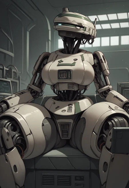score_9, score_8_up, score_7_up, score_6_up, score_5_up, score_4_up, 1girl, <lora:L337:0.8> solo, no humans, robot, humanoid robot, helmet, large breasts, thick thighs, sitting, spread legs,
factory background,