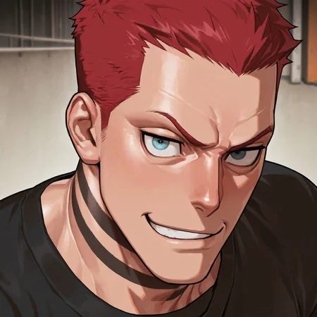 masterpiece, best quality, absurdres, newest, perfect quality, best quality, absolutely eye-catching, detailed background, intricate details, bara, 1boy, male, male focus, solo, mature, light blue eyes, red hair, short hair, very short hair, line tattoos, neck tattoo, arm tattoos, shoulder tattoo, (((black t-shirt))), firefighter outfit, bara, muscular, large pectorals, large biceps face close-up, portrait, looking at viewer, side view, smirk, gym scenery, very awa, best quality, absurdres, newest, perfect quality, detailed background, intricate details, (artist:rokudenashi:0.8), (artist:dizdoodz:0.7), (artist:gomtang:0.6)