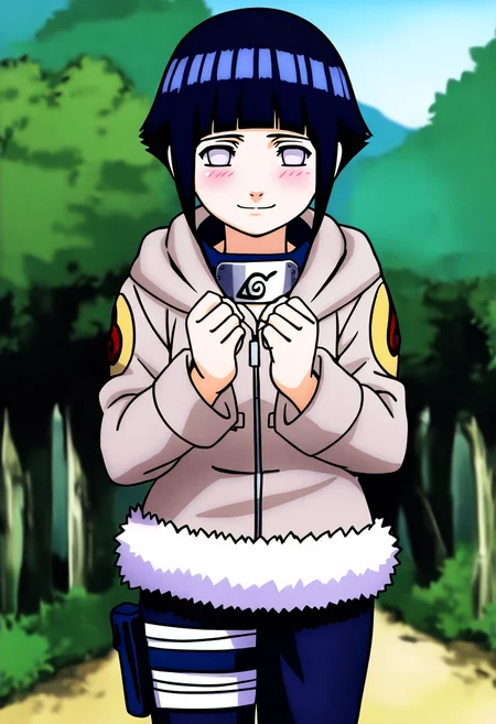 masterpiece, best quality, very aesthetic, absurdres BREAK
1girl, hyuuga hinata, short hair, black hair, no pupils, blunt bangs, shiny hair, white eyes, hoodie, hood down, long sleeves, fur trim, capri pants, bandages, thigh holster,
solo, looking at viewer, blush, standing, smile, closed mouth, cowboy shot, outdoors, forest <lora:HinataGeninIllustriousXL_byKonan:1>