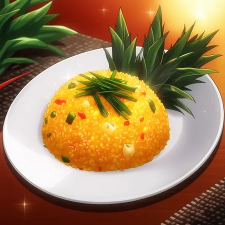 A white plate containing a golden yellow pineapple rice dish is set on a dining table, garnished with green onions and a pineapple leaf. The plate rests on a brown table with a stone-like texture and is set against a vibrant red and orange background, which gives the setting a warm and inviting atmosphere. The pineapple leaf and a small part of the pineapple stem are visible on the top right of the plate. There are no discernible texts present in the image, <lora:Shokugeki_food:0.85>