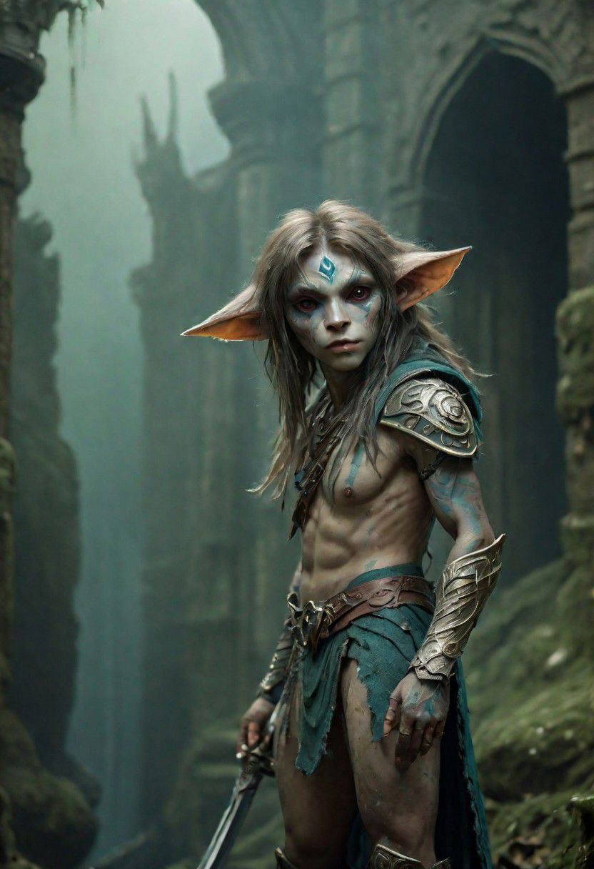 photography in the style of Labirynth, the dark crystal  movies, green, close up of (nature) and (fantasy) creature with a (diminute) sword stained with (detailed:1.5), in a beautiful and ruined ,fantasy,hyper detailed, real skin imperfections, hard lighting, bokeh, ((curi:1.2))(inspire forms in most beautiful New race:1.4) (beautiful:1.4) (ambient fantasy:1.5)(warhammer world:1.0)