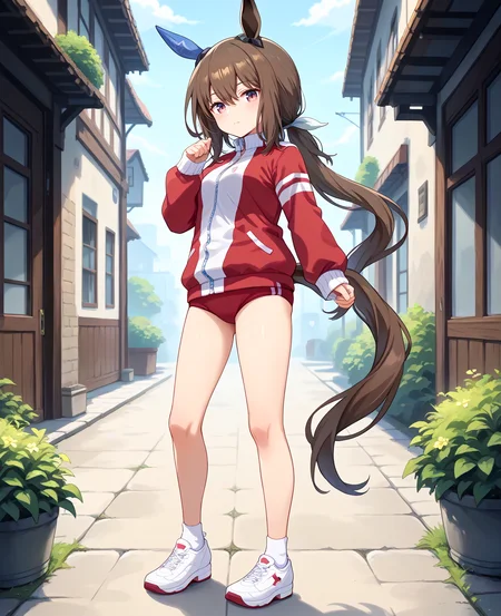 score_9, score_8_up, score_7_up, 1girl, (looking at viewer:1.2), (closed mouth:1.0), expressionless,, blush, , (stylish pose:1.2),, (full body:1.2),
admire vega \(umamusume\),  <lora:pony_admire_vega_v1.02:1>, horse ears, horse tail, hair between eyes, low ponytail, single ear cover,
<lora:_sdxl-um-tracenjersey-pony:0.6>, red jacket, track jacket, sleeves past wrists, tracenjerseyburuma, red buruma,
,