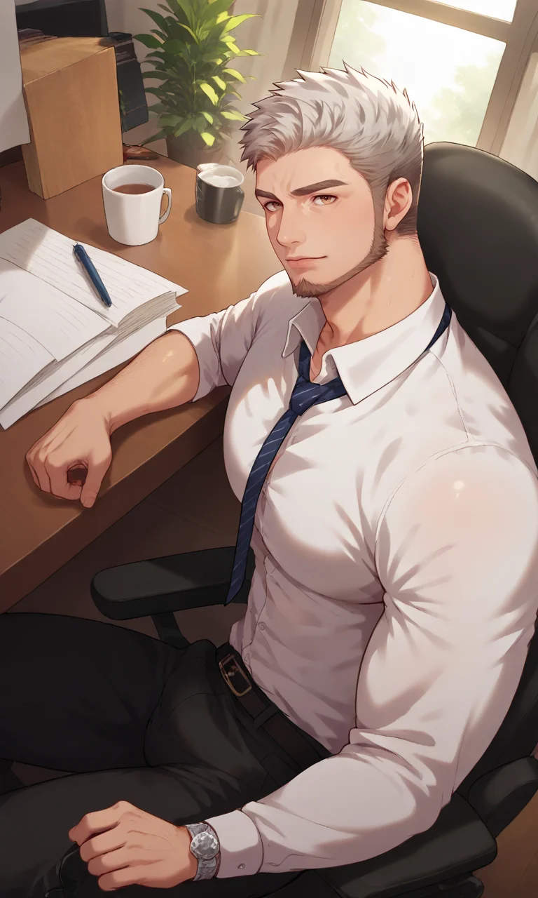 score_9, score_8_up, score_7_up, masterpiece, best quality, lots of details, close-up, dynamic view, ((1boy)), mature male, male focus, closed mouth, muscular, shaded, sitting on a chair at the table, office chair, wooden wall, white shirt, detailed shading, detailed skin, shaded skin, realistic shading, looking at viewer, Expressiveh, countershading:1.1, office, indoors plant, indoors, <lora:add-detail-xl:0.7>, <lora:Smooth Anime 2 Style SDXL_LoRA_Pony Diffusion V6 XL:0.8>, <lora:Expressive_H:0.8>, <lora:Goro:0.9>