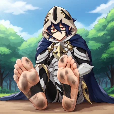 masterpiece, best quality, sharp aliasing, highly detailed, blue cape, armour, black gloves, outdoors, day, muddy ground, tree, bush, barefoot, toeless legwear, armoured legwear, stirrup legwear, 5 toes, Quality, High Definition, Full body view, solo, Tamaki Amajiki, pointy ears, dark blue hair, hair between eyes, hood, mask, male, male body, feet focus, feet, soles, dirty feet, sitting, EPfeCorrin