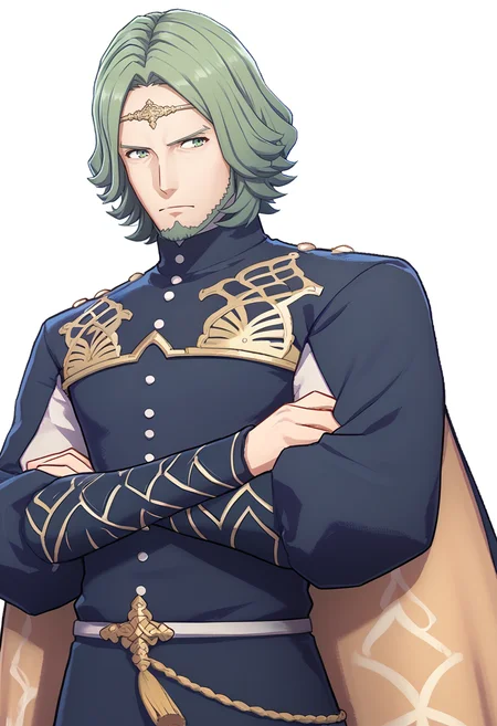 score_9, score_8_up, score_7_up, source_anime, BREAK 1boy, crossed arms, <lora:zs_EngagePortraitsXL:1> engageportraits, portrait, white background, <lora:SetethFE-pdxl:1> setethFE, beard, circlet, uniform, cape