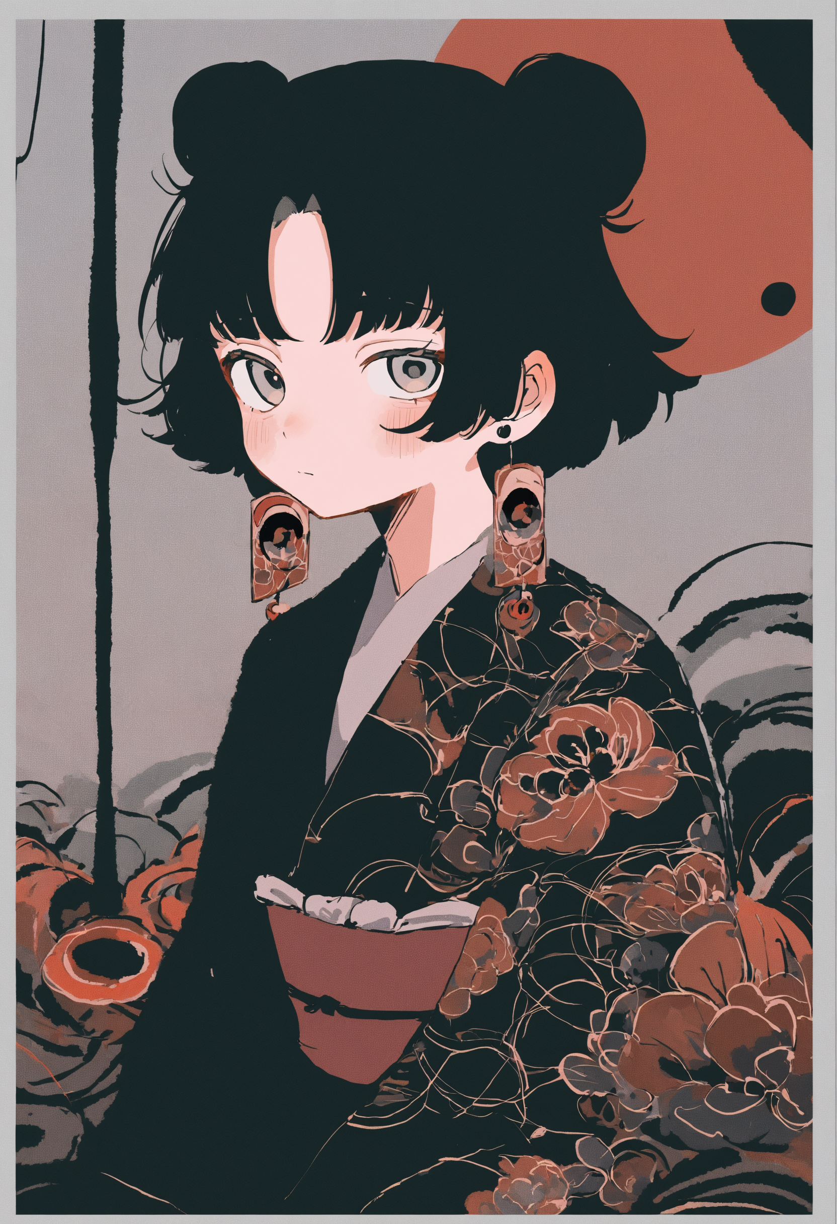 masterpiece, best quality, newest, absurdres, highres, very awa, abstract, liquid, circles, grey border, 1girl, solo, japanese clothes, kimono, upper body, hair bun, black kimono, black hair, grey eyes, sash, print kimono, short hair, obi, double bun, simple background, earrings, blush, long sleeves, looking at viewer, jewelry, floral print, closed mouth, parted bangs, expressionless, Profile