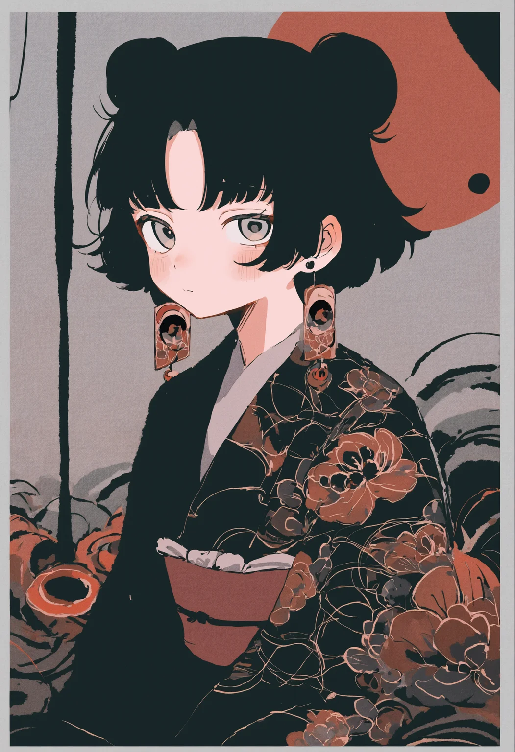 masterpiece, best quality, newest, absurdres, highres, very awa, abstract, liquid, circles, grey border, 1girl, solo, japanese clothes, kimono, upper body, hair bun, black kimono, black hair, grey eyes, sash, print kimono, short hair, obi, double bun, simple background, earrings, blush, long sleeves, looking at viewer, jewelry, floral print, closed mouth, parted bangs, expressionless, Profile