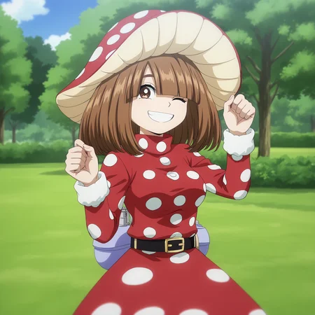 <lora:SlimesKinoko-000006:1>, slimes_kinoko, woman, solo, park background, hands up, smiling