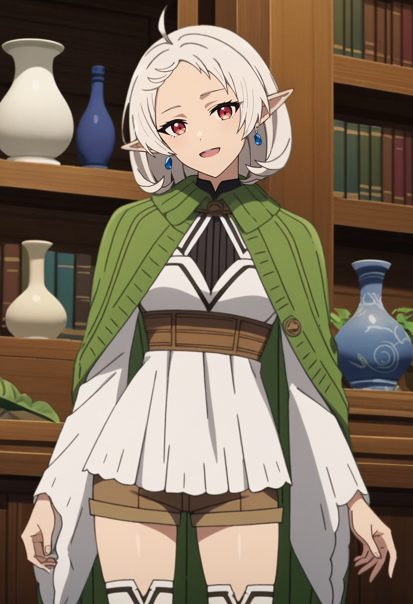 score_7_up, anime screencap,
<lora:MushokuTensei_SlyphietteMomXL:0.8>, SylphyMT,
1girl, solo, open mouth, light smile, light blush,
white hair, multicolored eyes, forehead, ahoge, medium hair, pointy ears, earrings,
green cloak, black shirt, white dress, wide sleeves, underbust, short shorts, brown shorts, white thighhighs,
head tilt, facing viewer, looking at viewer, 
indoors, wood, bookshelf, vase