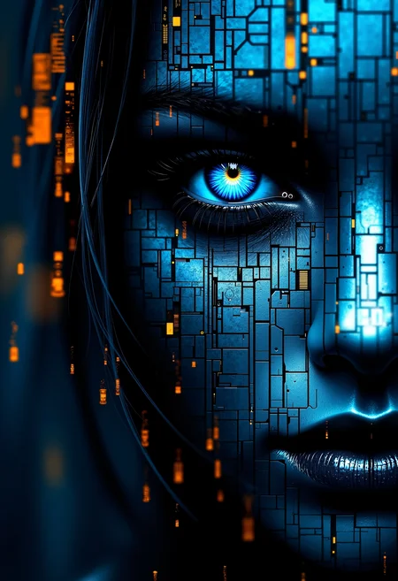 bo-digitalabstract, a digital artwork depicting a close-up of a human face, the subject's face is rendered in a futuristic, cyberpunk style, with a mix of blue and black tones, creating a grid-like pattern that resembles a mosaic of small, square tiles, the tiles are arranged in a way that creates a sense of depth and dimension, with some overlapping and some standing upright, the blue tones contrast starkly against the dark background, while the orange and yellow tones add a dynamic, almost ethereal quality to the image, the central focus is a large, expressive blue eye with a striking, glowing iris, which contrasts starkly with the dark tones of the face and eyes, the eye's gaze is intense and captivating, drawing the viewer's attention, the texture of the tiles is smooth and reflective, enhancing the cyberpunk aesthetic, the overall effect is one of a blend of technology and realism, with the use of light and shadow to create a visually striking and immersive experience<lora:FLUX Digital Abstract\bo-digitalabstract_epoch_5.safetensors:0.8:0.8>