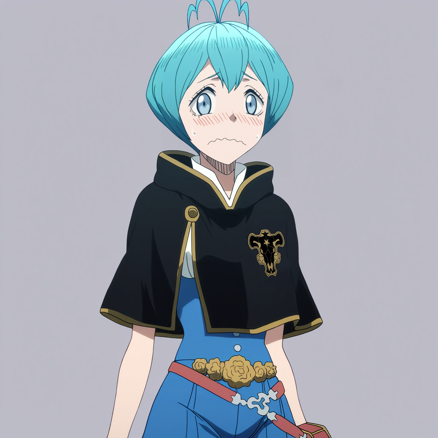 sharp focus, pixiv masterpiece, source_anime, score_9, absurd res, high res, anime_screencap,
 <lora:Grey_blackclover_IL_v36-000015:1>, grey_bc, 1girl, solo, grey-blue_eyes, cyan_hair, short_hair, antenna_hair, black_capelet,  sleeveless_shirt,  high-waisted_pants, waist_flowers, metal_belt, pouch,  standing, arms_at_sides, (simple background:1.1), blushing, wavy_mouth, star_on_emblem,