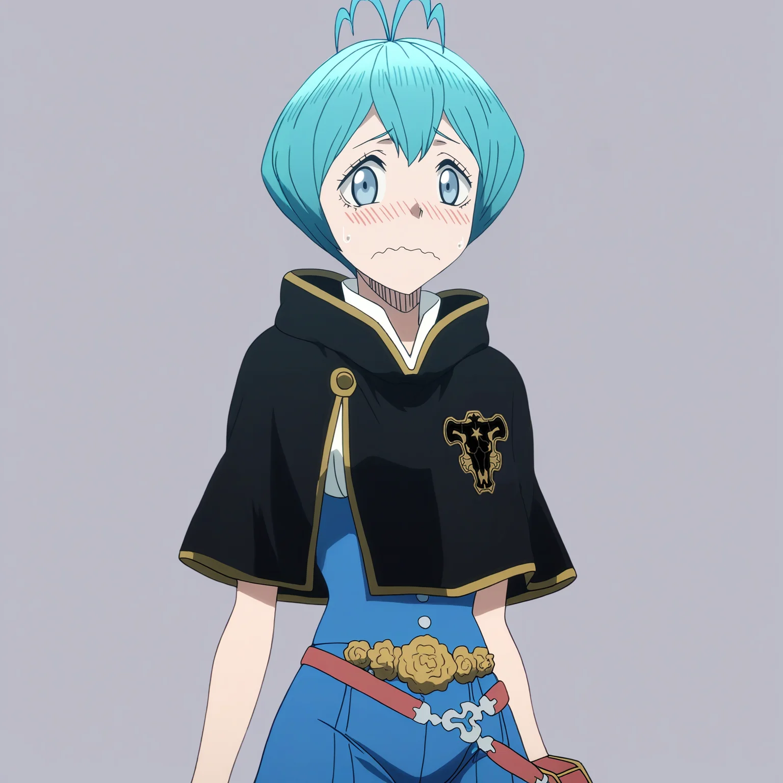 sharp focus, pixiv masterpiece, source_anime, score_9, absurd res, high res, anime_screencap,
<lora:Grey_blackclover_IL_v36-000015:1>, grey_bc, 1girl, solo, grey-blue_eyes, cyan_hair, short_hair, antenna_hair, black_capelet, sleeveless_shirt, high-waisted_pants, waist_flowers, metal_belt, pouch, standing, arms_at_sides, (simple background:1.1), blushing, wavy_mouth, star_on_emblem,