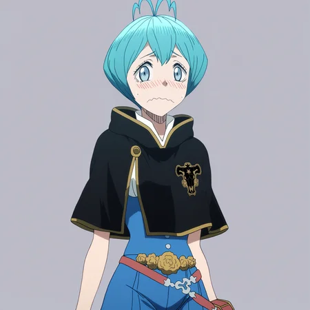 sharp focus, pixiv masterpiece, source_anime, score_9, absurd res, high res, anime_screencap,
<lora:Grey_blackclover_IL_v36-000015:1>, grey_bc, 1girl, solo, grey-blue_eyes, cyan_hair, short_hair, antenna_hair, black_capelet, sleeveless_shirt, high-waisted_pants, waist_flowers, metal_belt, pouch, standing, arms_at_sides, (simple background:1.1), blushing, wavy_mouth, star_on_emblem,