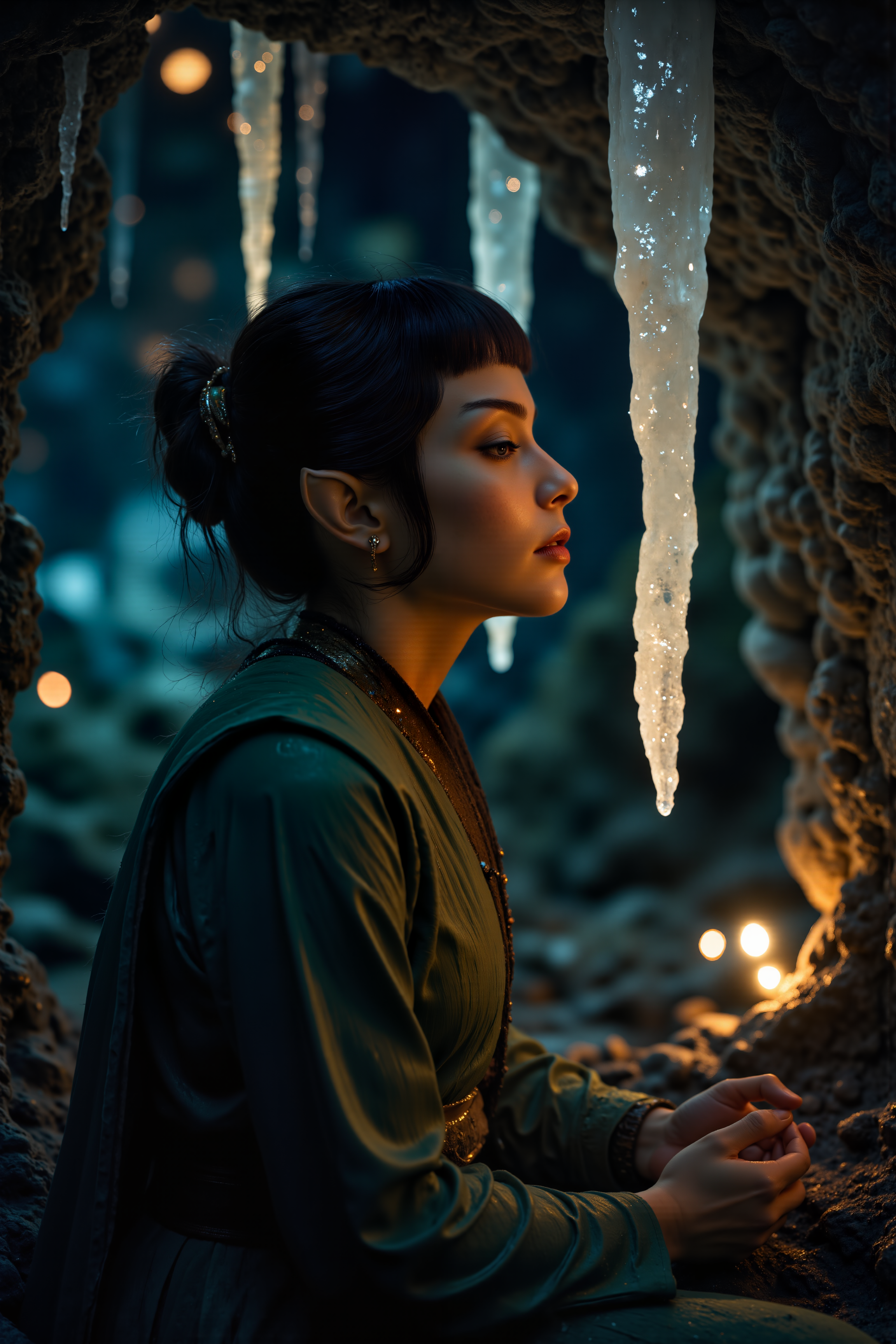 A hyper-realistic portrait, photorealistic photo close-up image of Deep within a vast, subterranean cave illuminated by the glow of crystalline formations, a Vulcan woman kneels in meditation, her features serene amidst the alien beauty around her. Her skin, a rich copper hue, shimmers faintly in the light of the crystals, and her dark brown hair is pulled back in a tight, practical bun. Her long, pointed ears and sharp brow are accentuated by the shadows cast by the large, glowing stalactites that hang from the cave's ceiling like frozen stars. Her robes, tattered from travel, are a muted green, blending seamlessly with the natural hues of the cave, as she rests her hands on her knees, eyes closed in deep concentration. The soft hum of the crystals vibrates through the stone, resonating with her inner peace, and the faint sound of dripping water echoes through the cavern like a heartbeat. Her breathing is slow and deliberate, as she channels her connection to logic and inner tranquility, tuning out the distant sounds of the world above. The air is cool and still, yet charged with a faint, ethereal energy, as the Vulcan woman finds perfect harmony with the alien world around her. (photography, high-resolution, dynamic, energetic,hyper-realistic, dramatic lighting, shallow depth of field.), detailmaximizer, MythP0rt<lora:midjourney_whisper_flux_lora_v01:0.55><lora:aidmaMJ6.1-FLUX-V0.1:0.4><lora:FluxMythP0rtr4itStyle:0.4><lora:detailed_flux_ntc:2.2><lora:aidmaImageUpgrader-FLUX-V0.1:0.65><lora:VULCANV1_FLUX:1.1>