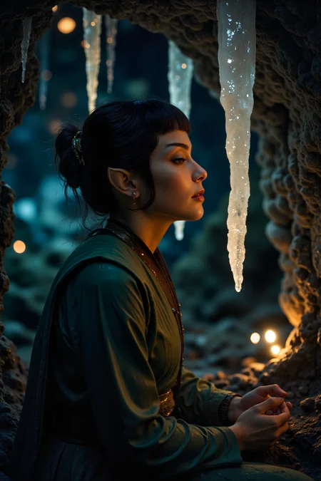 A hyper-realistic portrait, photorealistic photo close-up image of Deep within a vast, subterranean cave illuminated by the glow of crystalline formations, a Vulcan woman kneels in meditation, her features serene amidst the alien beauty around her. Her skin, a rich copper hue, shimmers faintly in the light of the crystals, and her dark brown hair is pulled back in a tight, practical bun. Her long, pointed ears and sharp brow are accentuated by the shadows cast by the large, glowing stalactites that hang from the cave's ceiling like frozen stars. Her robes, tattered from travel, are a muted green, blending seamlessly with the natural hues of the cave, as she rests her hands on her knees, eyes closed in deep concentration. The soft hum of the crystals vibrates through the stone, resonating with her inner peace, and the faint sound of dripping water echoes through the cavern like a heartbeat. Her breathing is slow and deliberate, as she channels her connection to logic and inner tranquility, tuning out the distant sounds of the world above. The air is cool and still, yet charged with a faint, ethereal energy, as the Vulcan woman finds perfect harmony with the alien world around her. (photography, high-resolution, dynamic, energetic,hyper-realistic, dramatic lighting, shallow depth of field.), detailmaximizer, MythP0rt<lora:midjourney_whisper_flux_lora_v01:0.55><lora:aidmaMJ6.1-FLUX-V0.1:0.4><lora:FluxMythP0rtr4itStyle:0.4><lora:detailed_flux_ntc:2.2><lora:aidmaImageUpgrader-FLUX-V0.1:0.65><lora:VULCANV1_FLUX:1.1>