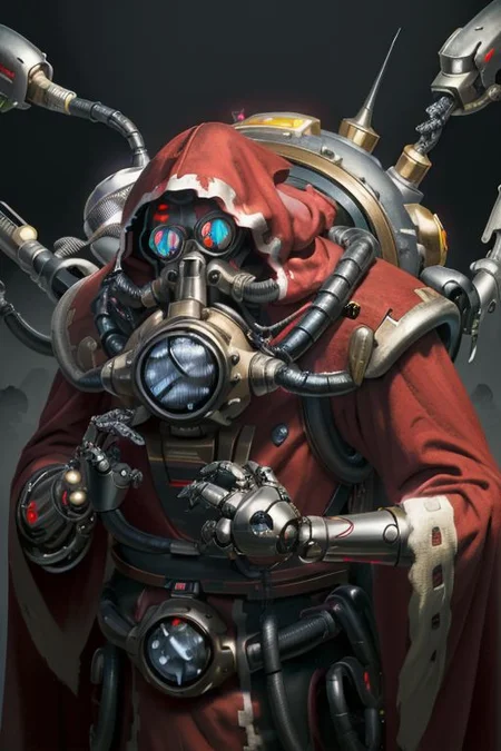 ((masterpiece,best quality)), absurdres, mechanical arms, robes, hood, ((techpriest)), cyborg, mechanical face, (eggmantech, robotic) mechanical limbs, gas mask, mechanical tentacles, (mechanical backpack), red cloak, 1other, solo,