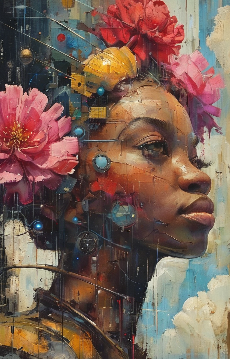 masterpiece,best quality,<lora:tbh324-sdxl:0.9>,illustration,style of Afrofuturism, decaying peonies