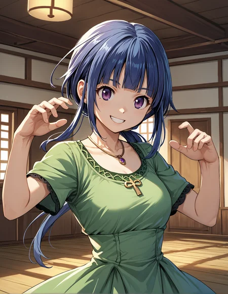 score_9, score_8_up, source_anime, 1girl, upper body, medium shot, detailed, mgrcasukatatsuki, blue hair, sidelocks, low ponytail, purple eyes, green dress, necklace, smiling, (dynamic pose), indoors,<lora:mgrcasukatatsuki_XL:0.9>