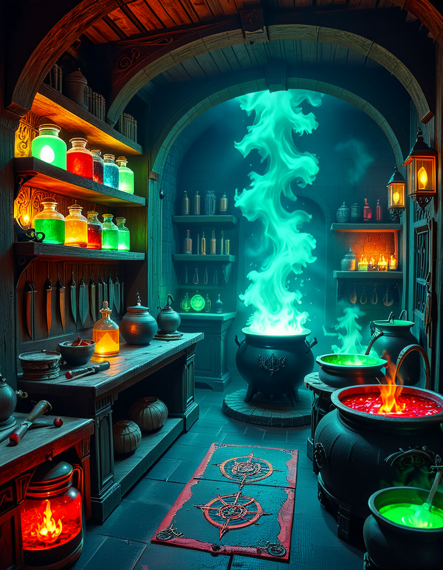 Hidden deep within the necromancerâs infernal domain lies a nightmarish kitchen, a grotesque fusion of alchemical laboratory and sacrificial chamber. The walls are carved from blackened bone and obsidian, pulsating faintly with necrotic energy. Faint green flames flicker in sconces made from twisted skeletal hands, casting eerie shadows across the macabre workspace. The air is thick with the scent of decay, ash, and something far worseâan indescribable aroma of corruption and dark magic.
At the center, a massive butcherâs table, scarred and stained with centuries of dried blood, serves as the primary workstation. Rusted, jagged knives, bone saws, and crude flesh-carving tools hang from hooks, their edges glistening with fresh remnants of something recently prepared. Nearby, grotesque cauldrons bubble with viscous, unnatural liquidsâblack ichor, boiling crimson blood, and glowing green elixirs swirl together, each concoction releasing haunting whispers as if infused with trapped souls.
Suspended from the ceiling, enormous iron hooks hold skinned carcassesâsome humanoid, others unrecognizable abominations stitched together from various creatures. Skeletal constructs, animated by unseen forces, mindlessly tend to the kitchen, stirring bubbling cauldrons and grinding unknown ingredients into fine powders using ancient, rune-etched mortars and pestles.
Along the walls, towering shelves hold disturbing "ingredients" sealed in glass jars: floating, disembodied eyes that track movement, severed hands that twitch sporadically, and writhing black worms that exude a thick, putrid slime. Bundles of dried, withered herbsâsome glowing faintly with infernal energyâhang from the rafters, alongside strips of preserved flesh, their origins best left unspoken.
In one corner, a massive, rune-inscribed oven burns with an unnatural, ghostly blue flame. The heat does not come from firewood but from the tormented souls bound within, their agonized wails fueling its endless infernal blaze. A massive iron cauldron sits atop a cracked stone hearth, where a thick, bubbling stew churnsâits surface occasionally breaking as something beneath struggles, clawing weakly before sinking back into the depths.
This is not a place for feastingâit is a workshop of the grotesque, where ingredients are harvested, flesh is repurposed, and the very essence of undeath is distilled into unholy nourishment. No living creature eats hereâonly the dead, the damned, and the things that should not be.
Style & Mood :
- Dark fantasy, gothic horror, necromantic aesthetics
- Cinematic, high-detail, eerie lighting
- Infernal atmosphere, filled with shadows, glowing green and crimson energy, and grotesque details
- Inspired by the works of ZdzisÅaw BeksiÅski, H.R. Giger, and dark medieval sorcery
<lora:SDXLFaeTastic2400:0.4> <lora:extremely_detailed:0.4> extremely detailed, <lora:mysterious_4lch3my_sh0p:1> mysterious 4lch3my sh0p <lora:nightmarish_k1tch3n:1>,nightmarish k1tch3n, Masterpiece,best quality,hi res,8k,hi res,8k,award winning,(sharp focus, intricate, highly detailed),