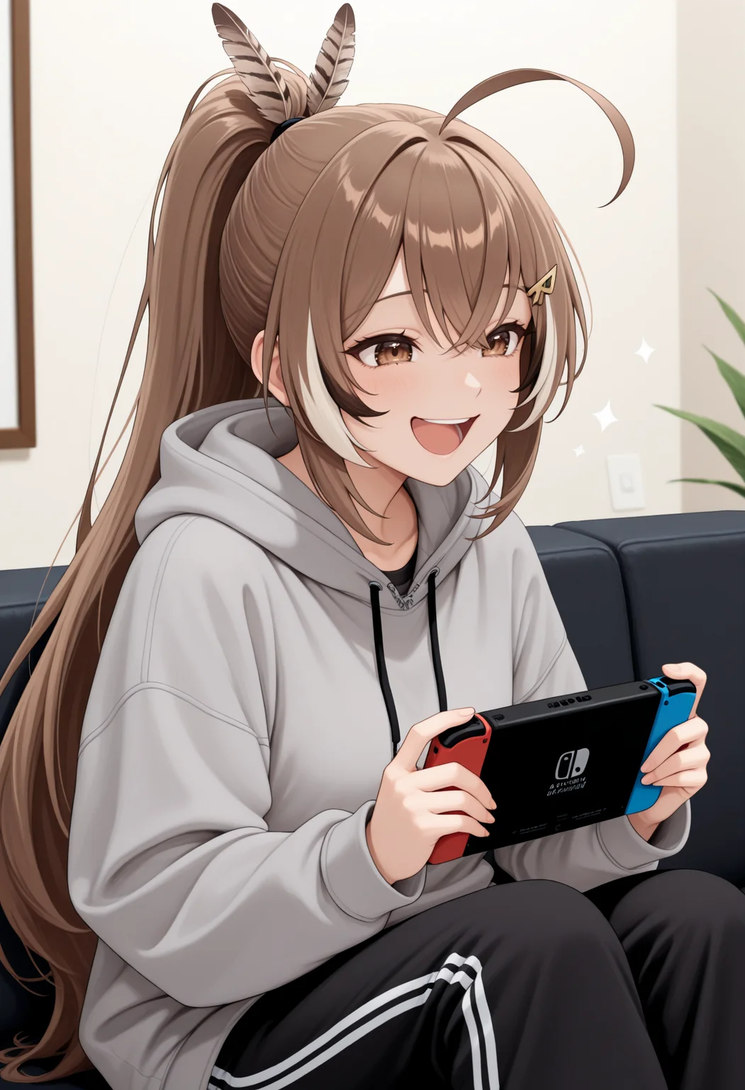 masterpiece, best quality, 1girl, solo, N4nashiMum3i, brown eyes, brown hair, long hair, streaked sidelocks, ahoge, ponytail, feather hair tie, hairclip, grey hoodie, black sweatpants, indoors, sitting, on couch, laughing, open mouth, holding handheld game console, happy, smile, <lora:ChamNanashiMumeiNoob:1>