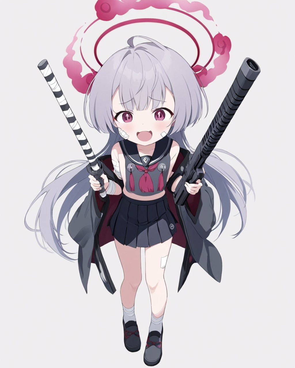 shuro \(blue archive\),bandaid_on_face, halo, ahoge, open_mouth, white_background, serafuku, sailor_collar, bandages, looking_at_viewer, fangs, gun, blue_neckerchief, holding_weapon, simple_background, socks, v-shaped_eyebrows, bell, 1girl, haori, 2girls, kimono, angry, pleated_skirt
<lora:shuro_(blue_archive)_image571_2023-12-03:1>halo. gorgeous,key visual, vibrant, studio anime,award-winning, professional, highly detailed,high budget, cinemascope