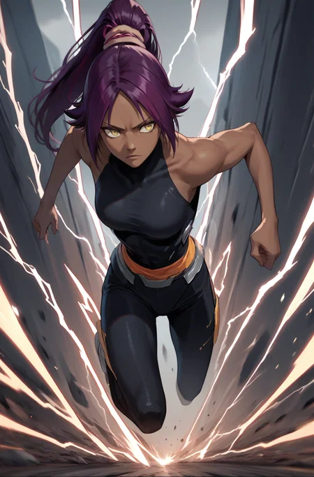 score_9, score_8_up, score_7_up, source_anime,  <lora:Superspeed:0.9> electricity, running <lora:yoruichi-shihouin-ponyxl-lora-nochekaiser:0.8> yoruichi shihouin, long hair, yellow eyes, ponytail, purple hair, dark skin, dark-skinned female,  bodysuit, black bodysuit, bare arms, bare shoulders,