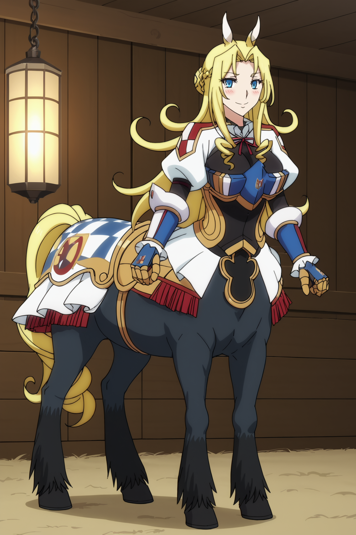 score_9, score_8_up, score_7_up, source anime, prefect lighting, very aesthetic, BREAK, anime screencap, anime coloring,
<lora:tisalia_scythia_v1-pdv6:1>, 1girl, tisalia scythia, monster musume no oisha-san, blue eyes, blonde hair, long hair, braid, monster girl, centaur, animal ears, horse tail, large breasts, hair bun, horse,
trisaout, armored dress, gauntlets, puffy sleeves, gloves, 
BREAK, smile, looking at viewer, blush, fullbody,
BREAK,