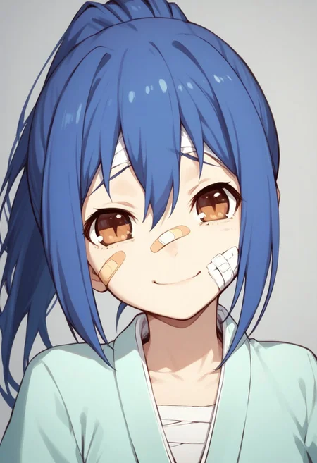 score_9, score_8_up, score_8. score_9, score_8_up,
m4n4t4k4m1y4, Mana Takamiya ,Mana Takamiya (Date A Live), 1girl, solo, long hair, looking at viewer, smile, bangs, hair between eyes, brown eyes, closed mouth, blue hair, collarbone, upper body, ponytail, japanese clothes, grey background, head tilt, bandages, bandaid, bandaid on face, bandaid on cheek, bandage on face, hospital gown