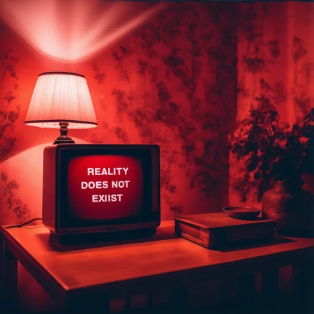 velumia room, bedside lamp, old TV with words on the screen "Reality does not exist", cinematic, professional photo, very detailed red light <lora:velumia:1>