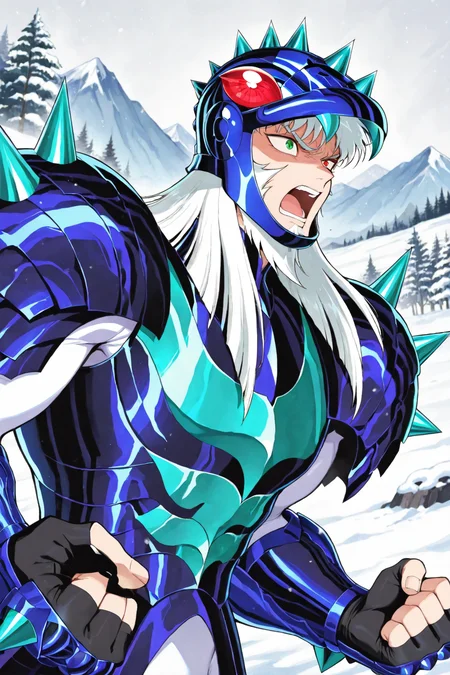 masterpiece,best quality,amazing quality, SSTHR, 1boy, male focus, toned male, medium hair, white hair, beard, green eyes, blunt cut, (phecd helmet, red eyes), chin guard, teal spikes, phecd armor, fingerless gauntlets, upper body, white bodysuit, snowfield background, snow, mountainside, trees, solo, open mouth, angry, from below