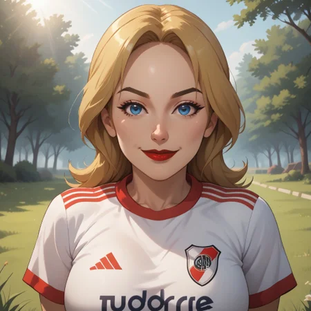 score_9, score_8, BREAK, solo, wii, mii, wii sports, 1girl, female mii, blonde hair, blue eyes, brown eyebrows, red lips, lipstick, RiverPlate, striped shirt, striped, shirt, white shirt, short sleeves, clothes writing, sportswear, soccer uniform, big breasts, (((adult female, mature female))), Montserrat_(OC_Mii), cute, sexy pose, self portrait, smile, outdoors, sunlight, shadows, evening lighting, natural lighting, forest, trees, grass, orange sky, sunset