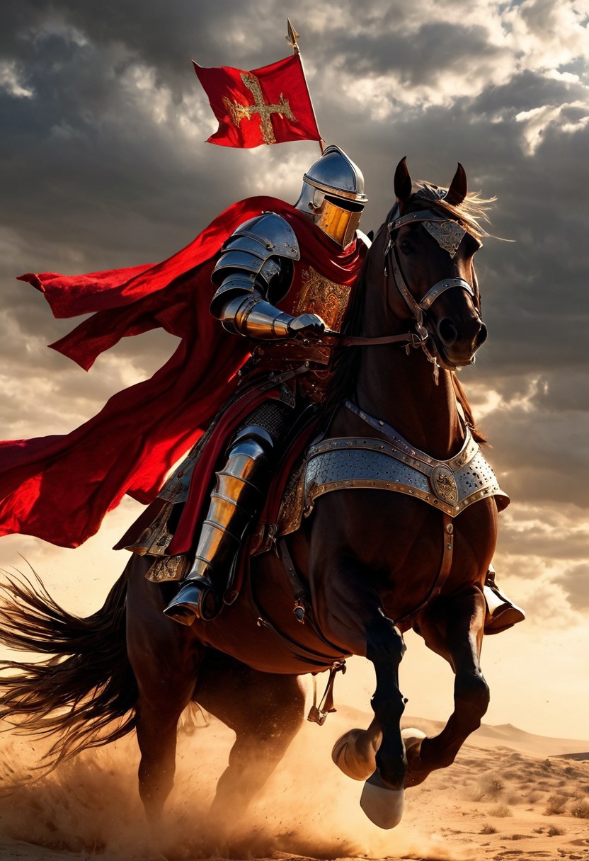 A formidable Byzantine Cataphract warrior, mounted on a heavily armored horse, charging into battle. The warrior is clad in ornate Byzantine armor, featuring intricate metal and scale plates with golden accents and Byzantine symbols. His helmet has a faceplate and a prominent crest, protecting his head, while his horse is covered in chainmail and plate armor, adorned with a crimson and gold barding. The Cataphract wields a long lance, pointed forward, and a large shield emblazoned with a Crusader cross in bold red. The warrior's cape flutters in the wind as he rides through a dusty battlefield, with knights and soldiers fighting in the distance. In the background, the silhouette of a Crusader castle stands under a stormy sky. The color palette combines rich reds, golds, and dark metallics, emphasizing the warrior’s strength, nobility, and the convergence of Byzantine and Crusader influences.
, moody light, by H.R Giger, 4k resolution digital art trending on Artstation and unreal engine 5, hyperrealism, full body shot, glowing eyes, cinematic, epic, masterpiece, surreal, fantasycore, hyperdetailed, ultra realistic, octane render, volumetric lighting, depth of field, bokeh, 8 <lora:Details:0.85>