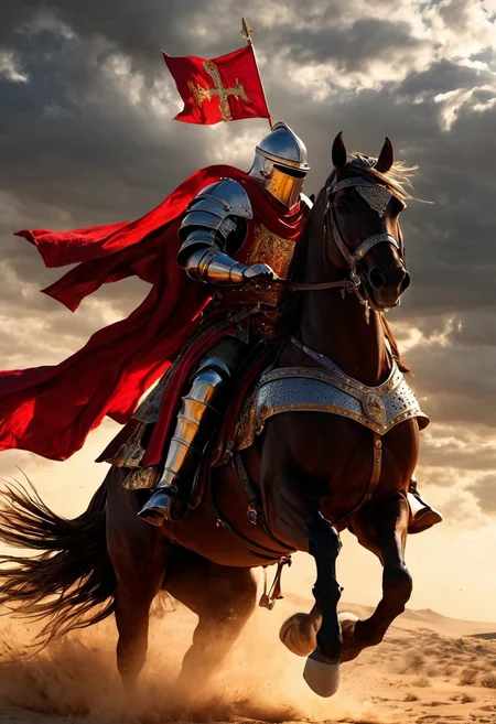 A formidable Byzantine Cataphract warrior, mounted on a heavily armored horse, charging into battle. The warrior is clad in ornate Byzantine armor, featuring intricate metal and scale plates with golden accents and Byzantine symbols. His helmet has a faceplate and a prominent crest, protecting his head, while his horse is covered in chainmail and plate armor, adorned with a crimson and gold barding. The Cataphract wields a long lance, pointed forward, and a large shield emblazoned with a Crusader cross in bold red. The warrior's cape flutters in the wind as he rides through a dusty battlefield, with knights and soldiers fighting in the distance. In the background, the silhouette of a Crusader castle stands under a stormy sky. The color palette combines rich reds, golds, and dark metallics, emphasizing the warrior’s strength, nobility, and the convergence of Byzantine and Crusader influences.
, moody light, by H.R Giger, 4k resolution digital art trending on Artstation and unreal engine 5, hyperrealism, full body shot, glowing eyes, cinematic, epic, masterpiece, surreal, fantasycore, hyperdetailed, ultra realistic, octane render, volumetric lighting, depth of field, bokeh, 8 <lora:Details:0.85>