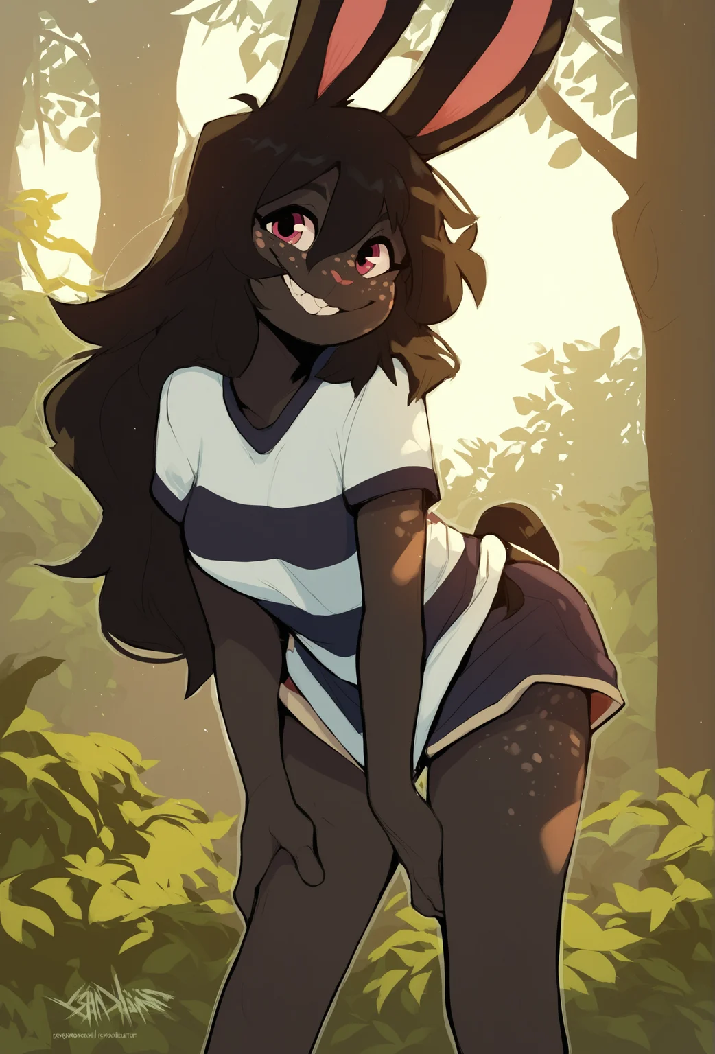score_9, score_8_up, score_7_up, score_6_up, score_5_up, score_4_up, <lora:zackary911_style_ponyXL_v1.3_0.99:1> forest, dappled sunlight, nature BREAK
1girl, furry, solo, female, rabbit girl, black fur, black hair, long hair, hair between eyes, sidelocks, pink eyes, smile, teeth, striped shirt, black shirt, white shirt, shorts, freckles, white freckles, leaning forward