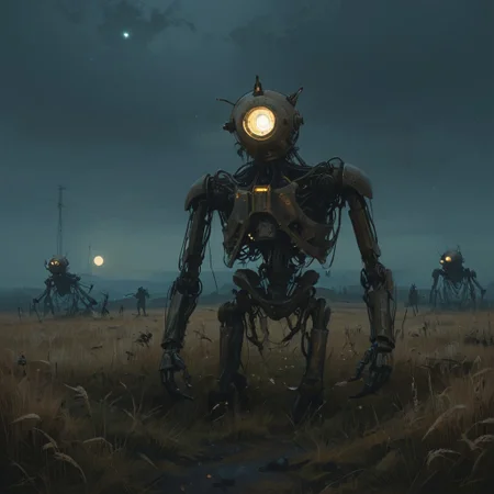 a painting that captures the essence of a poem:
(Fields where machine souls rust under the light of a dying star,
Veni, vidi, vici;
When heaviest is the crown of the ghost of a god, none dare come out to play;
Use caution when dealing with the fallible tenets of the aegis rimwalkers;
Cyborg religious sects turned loose with the coming of the new dawn;
I offer this advice in earnest, for soon we shall see many a truth uncovered;
Do not despair my voidwalker, for what happens in the dark is destined to come to light, now and forever more...),
Andrei Tarkovsky Style page,detailxl,in the style of simon-stalenhag,