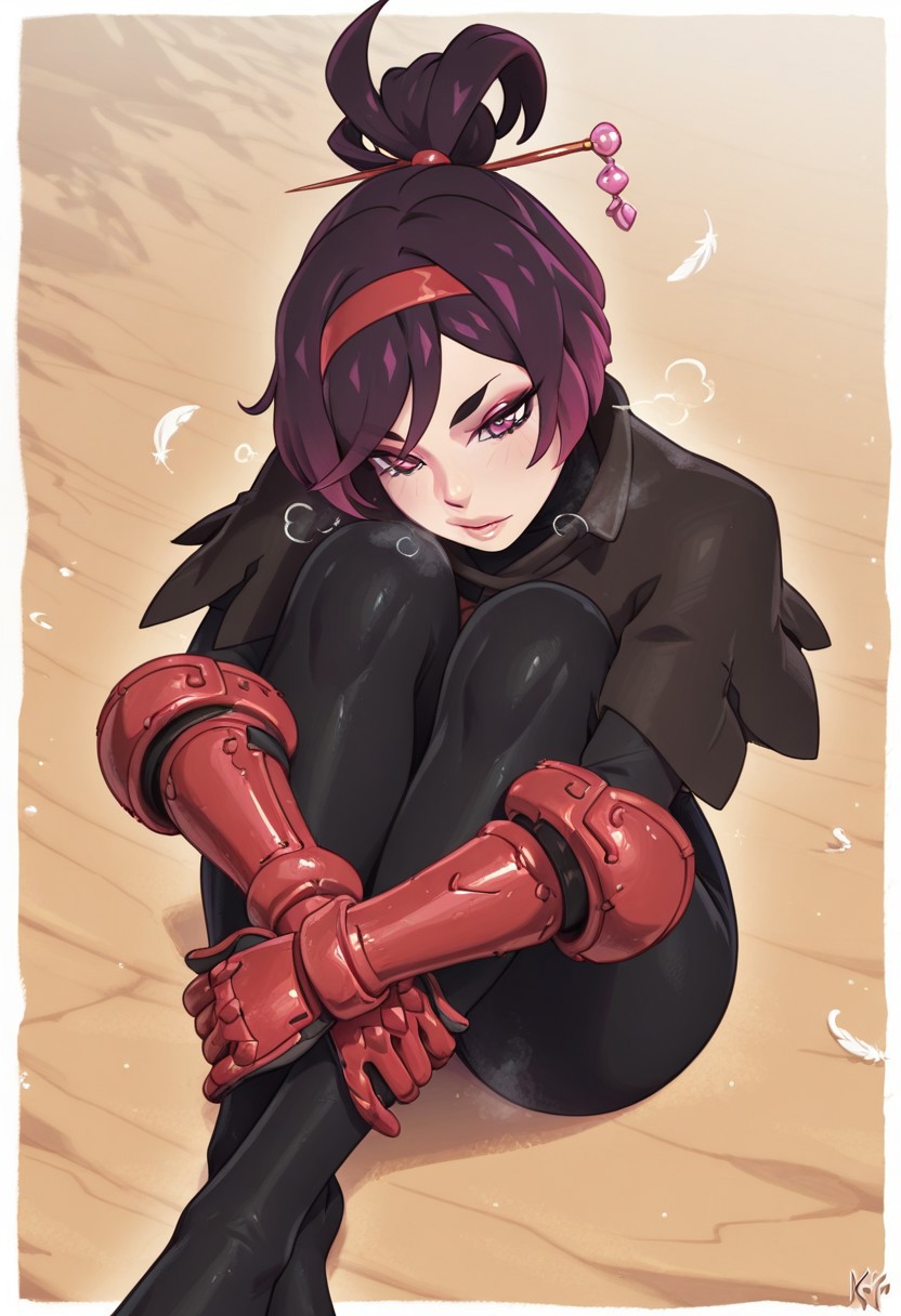 kajinman,  outdoors, undershirt, falling feathers, black bodysuit, hair stick, hugging own legs, , gauntlets,   eyeshadow,   red gloves,  high ponytail,  , black capelet, red hairband, pink eyes, 1girl, solo, feet, visible breath,   dynamic angle, foreshortening, smell, steam,