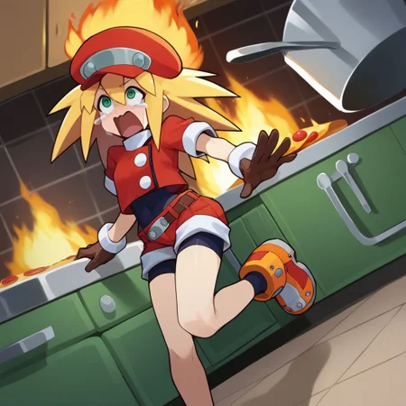 rating_explicit, score_9, score_8_up, score_7_up, score_6_up, score_5_up, score_4_up, by ishikawa hideki ,dynamic shot, absurdres,
<lora:RollCaskettMegamanPonybyRR:0.85>, roll caskett (mega man), hair between eyes, bangs, long hair, spiked hair, blonde hair, green eyes, red cabbie hat, brown gloves, red jacket, short sleeves, spandex, brown belt, cropped jacket, bike shorts under red shorts, red boots, covered navel, very slim body, medium breast,
1girl, (green kitchen on fire:1.5), pizza slice, explosion, fire, lava,
short petite girl, running toward the camera, arms extend toward viewer, panic, looking at the viewer,
aquascreaming, open mouth, crying with eyes open, screaming in horror,
BREAK,