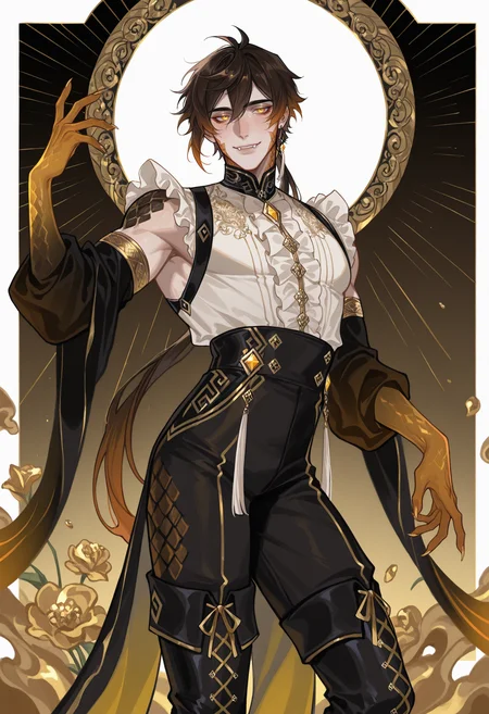 masterpiece,best quality,amazing quality,
1boy,Zhongli,brown hair,muscular male,yellow eyes,smile,solo,fingernails,gradient arms,fangs,fullbody,
frilled shirt,black high-waist pants,woven gold,embroidery,armlet,
posing,striped_background,rounded_corners,scales,flowers,sleeveless,jewelry,
<lora:Valentaine-Illustrious:1>,v4l3nt4in3,lace-up,
<lora:holographiccolor:0.6>,qxys,thigh_boots,