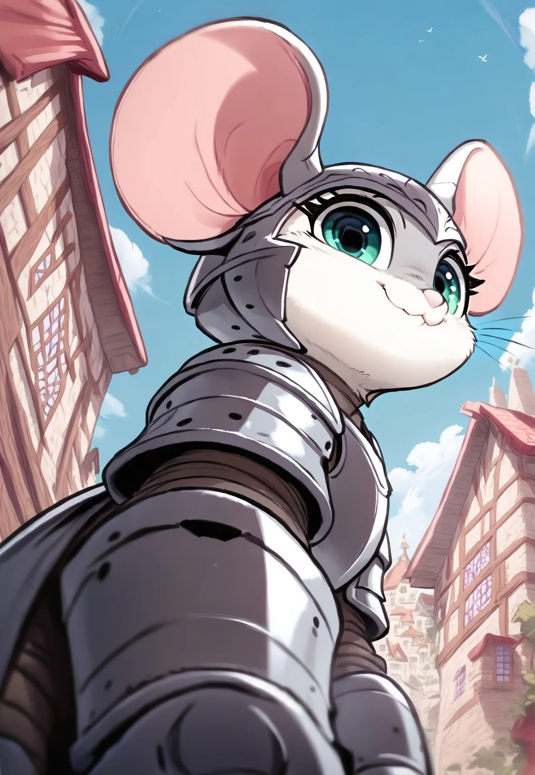 score_9, score_8_up, score_7_up, score_6_up, score_5_up, score_4_up, fluffylewdsai, makkuro m0use_maximilla, cute, [][][][][] (solo),Knight armor, detailed iron armor, (cute:2), full body shot, (full body), (low angle view:1.5), outdoors, serious expression, (side view:1.5), village, look at viewer