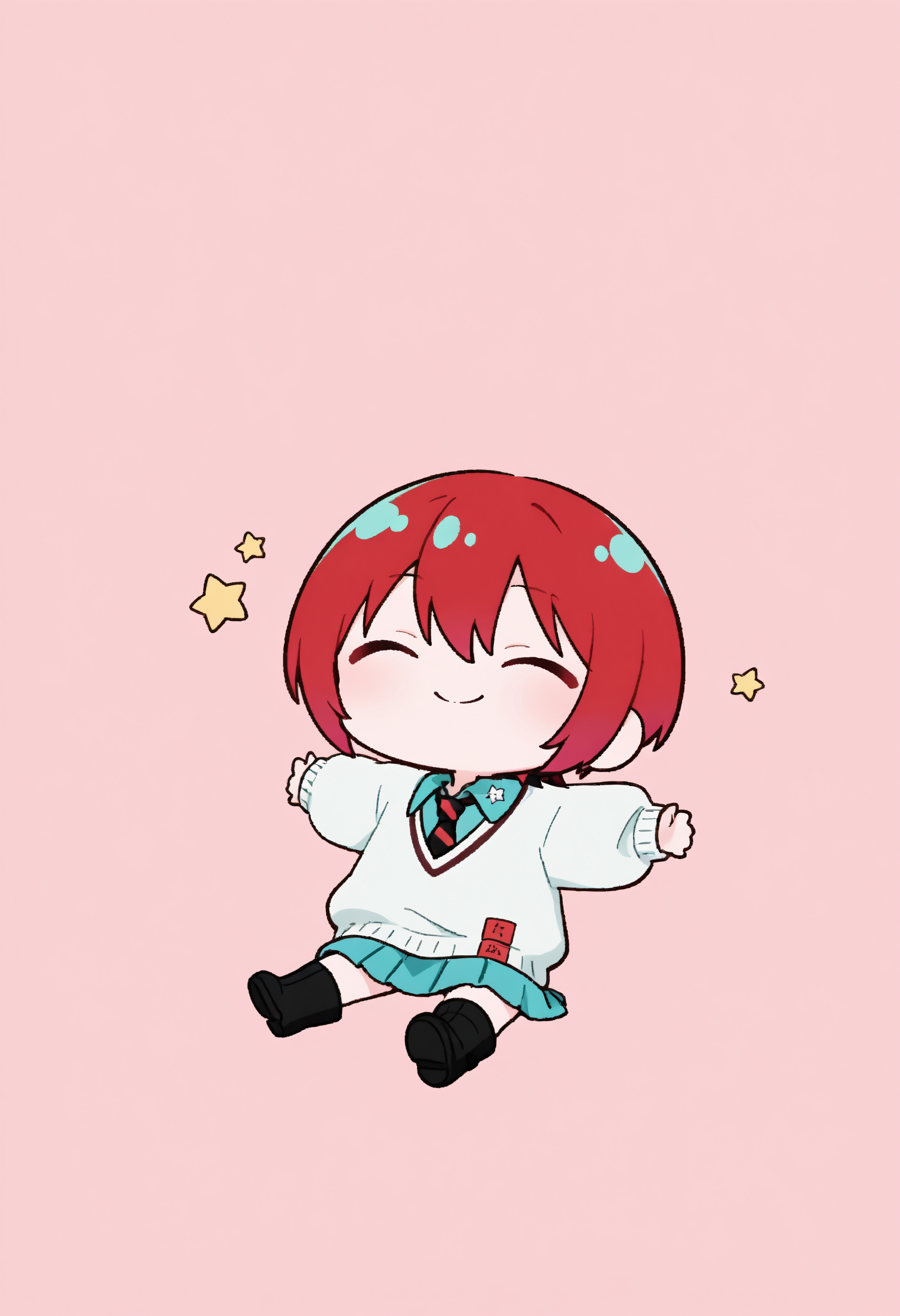 solo, <lora:gundam_amateyuzuriha_noobAIXL11EPS:1>, am4tedef, short hair, red hair, hair between eyes, school uniform, white sweater, long sleeves, aqua shirt, collared shirt, wing collar, diagonal-striped necktie, red necktie, black necktie, aqua skirt, pleated skirt, miniskirt, black footwear, boots,
<lora:Style_KikivVmal:1>, chibi, simple background, ^_^, sitting, spread arms, star \(symbol\), masterpiece, best quality