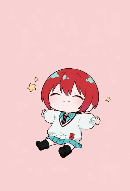solo, <lora:gundam_amateyuzuriha_noobAIXL11EPS:1>, am4tedef, short hair, red hair, hair between eyes, school uniform, white sweater, long sleeves, aqua shirt, collared shirt, wing collar, diagonal-striped necktie, red necktie, black necktie, aqua skirt, pleated skirt, miniskirt, black footwear, boots,
<lora:Style_KikivVmal:1>, chibi, simple background, ^_^, sitting, spread arms, star \(symbol\), masterpiece, best quality